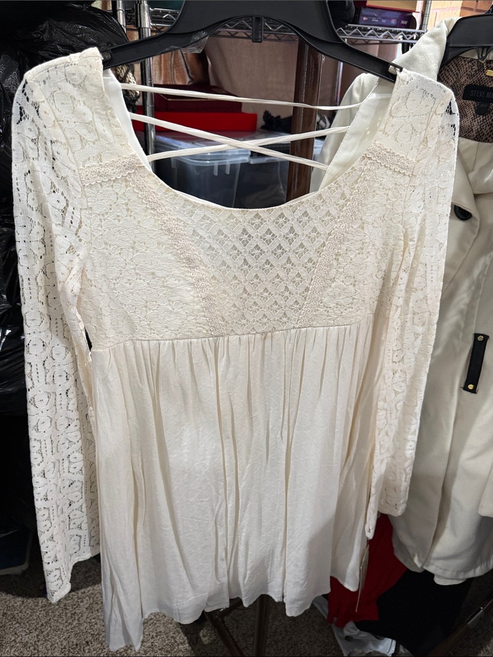 Women’s Cream Lace-Yoke Long Sleeve Dress